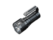 The Fenix LR60R is a black, handheld flashlight with a distinctive large square head and a digital display on its side. It includes a ribbed grip and a wide handle on top, making it ideal for anyone in need of a dependable long-range lighting solution.