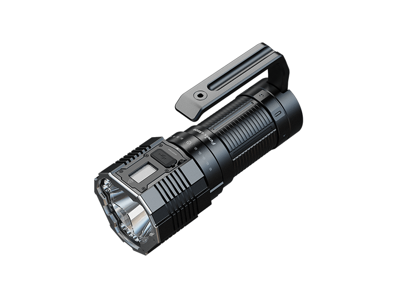 The Fenix LR60R is a black, handheld flashlight with a distinctive large square head and a digital display on its side. It includes a ribbed grip and a wide handle on top, making it ideal for anyone in need of a dependable long-range lighting solution.