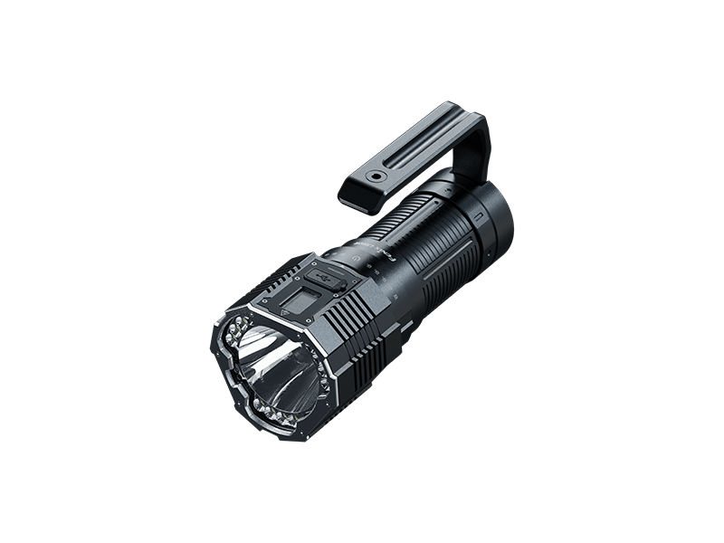 The Fenix LR60R flashlight is a robust, black device featuring a rectangular head with a top handle and 21 powerful LED bulbs. This top-tier tool provides unmatched brightness at an impressive output of XXXX lumens.