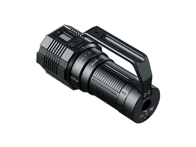 The Fenix LR60R is a black, robust flashlight that includes a large handle and a digital display on the top. This powerful long-range flashlight provides outstanding illumination, making it ideal for tasks that demand dependable visibility in the dark.