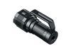 The Fenix LR60R is a black, robust flashlight that includes a large handle and a digital display on the top. This powerful long-range flashlight provides outstanding illumination, making it ideal for tasks that demand dependable visibility in the dark.