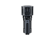 The Fenix LR60R, a black cylindrical electronic device featuring a digital display and buttons on a white background, is distinguished as a long-range flashlight renowned for its impressive lumen output.