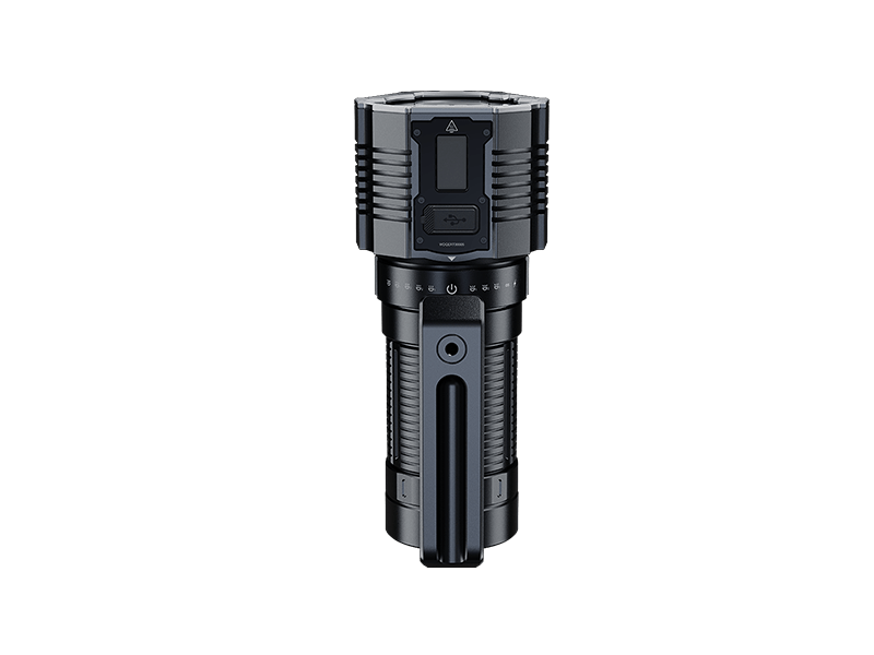 The Fenix LR60R, a black cylindrical electronic device featuring a digital display and buttons on a white background, is distinguished as a long-range flashlight renowned for its impressive lumen output.