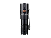 The Fenix PD25R, a black EDC flashlight featuring a clip and USB Type-C recharging capability, stands upright against a dark backdrop.
