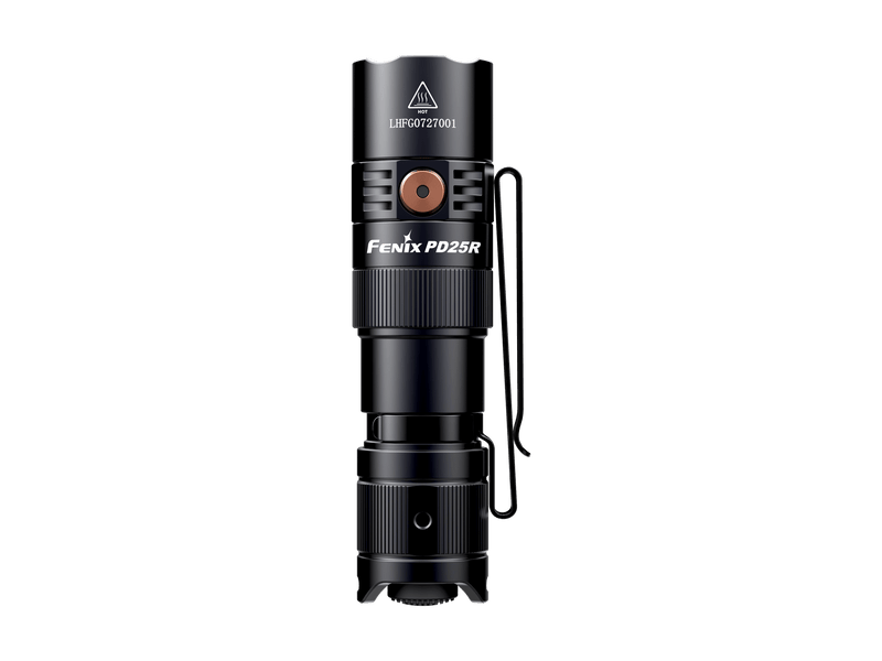The Fenix PD25R, a black EDC flashlight featuring a clip and USB Type-C recharging capability, stands upright against a dark backdrop.