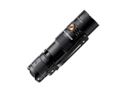 The Fenix PD25R, a sleek black EDC flashlight featuring a side button and convenient clip, is set against a solid black background. This rechargeable model offers USB Type-C compatibility for easy and efficient charging.