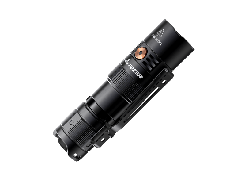 The Fenix PD25R, a sleek black EDC flashlight featuring a side button and convenient clip, is set against a solid black background. This rechargeable model offers USB Type-C compatibility for easy and efficient charging.