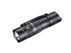 Meet the Fenix PD25R, a black, compact EDC flashlight adorned with visible brand markings and equipped with a belt clip for ultimate convenience. Set against a black background, this rechargeable device utilizes USB Type-C technology for fast and efficient charging.