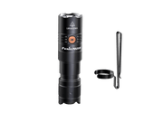 A black Fenix PD25R flashlight, equipped with a visible clip and showcased against a solid black background, offers the convenience of USB Type-C charging.