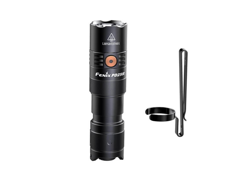 A black Fenix PD25R flashlight, equipped with a visible clip and showcased against a solid black background, offers the convenience of USB Type-C charging.