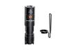 A black Fenix PD25R flashlight, equipped with a visible clip and showcased against a solid black background, offers the convenience of USB Type-C charging.