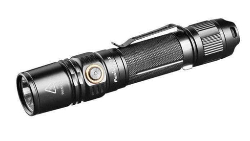 A Fenix PD35 V2.0 Flashlight with a clip on it.