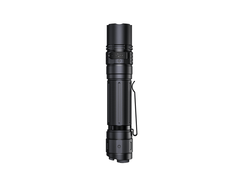 The Fenix PD36R Pro is a tactical flashlight delivering 2800 lumens, featuring a textured grip, side button, and clip, and shown vertically against a white background.