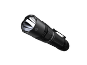 A black Fenix PD36R Pro tactical flashlight set against a dark background, captured from an angle.