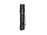 The Fenix PD36R Pro tactical flashlight, featuring a textured grip and a pocket clip, is displayed standing upright against a simple backdrop, offering an impressive 2800 lumens.