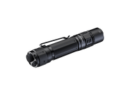 A black Fenix PD36R Pro flashlight, featuring a textured grip and clip and angled slightly to the left, boldly stands out against the white background with its impressive 2800-lumen brightness.