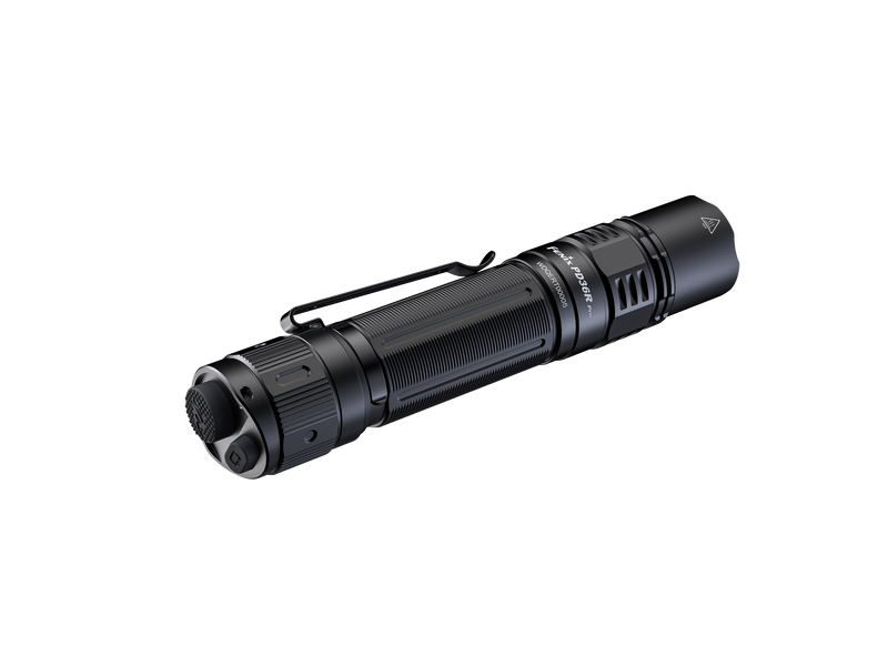 A black Fenix PD36R Pro flashlight, featuring a textured grip and clip and angled slightly to the left, boldly stands out against the white background with its impressive 2800-lumen brightness.