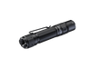 A black Fenix PD36R Pro flashlight, featuring a textured grip and clip and angled slightly to the left, boldly stands out against the white background with its impressive 2800-lumen brightness.