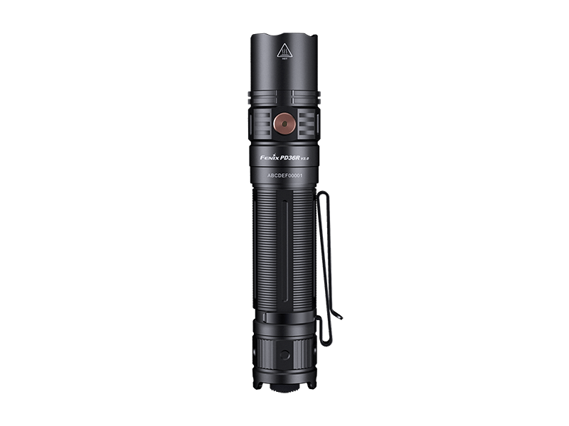 Meet the Fenix PD36R V2, a black handheld flashlight that offers a textured grip and comes equipped with a handy side clip. The power button is conveniently located near the top. With an impressive 1700 Lumens of brightness and USB Type-C Charging, this flashlight guarantees you'll never be without light.