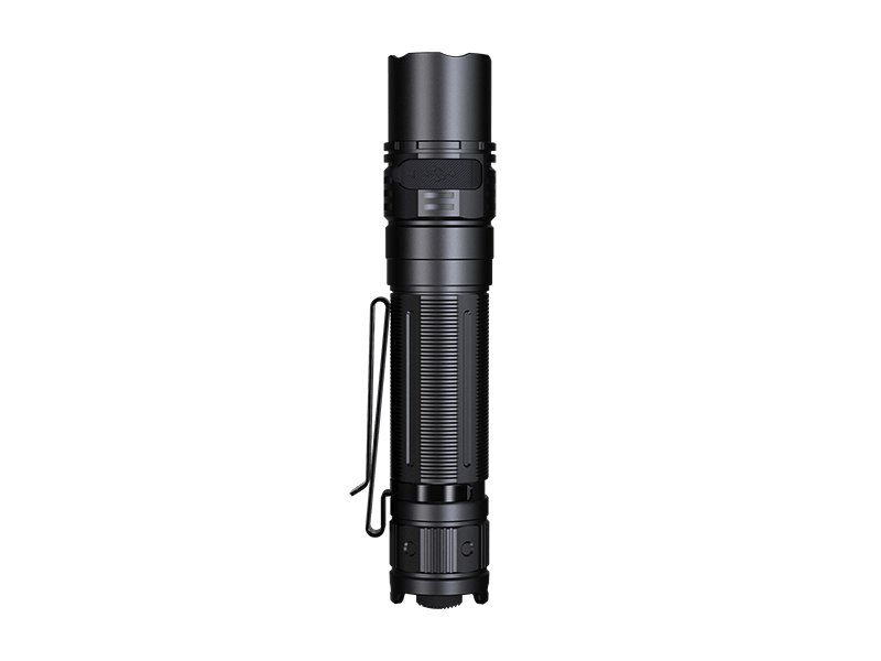 The Fenix PD36R V2 tactical flashlight in black delivers 1700 lumens, comes with a textured grip and a handy pocket clip, stands upright on a simple background, and conveniently charges via USB Type-C.