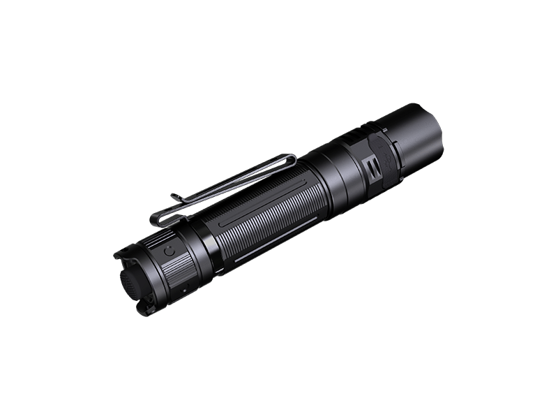 The Fenix PD36R V2 is a tactical flashlight with a sleek black design, delivering 1700 lumens of brightness. It includes a side clip for easy attachment, a textured grip for secure handling, and an on/off button. Plus, it conveniently charges via USB Type-C.