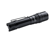 The Fenix PD40R V3.0 is a black rechargeable flashlight with a textured grip and adjustable beam settings, offering a super bright LED output of 3000 lumens, displayed on a black background.