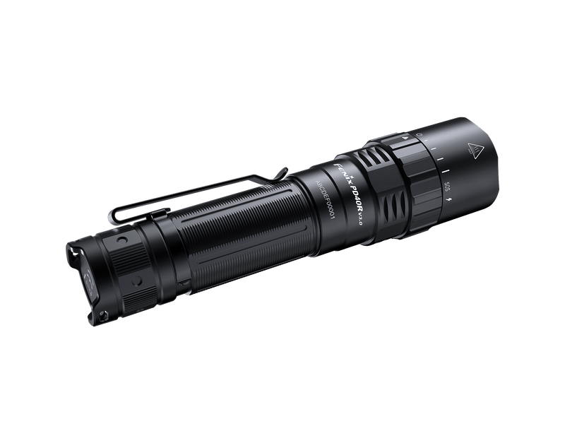 The Fenix PD40R V3.0 is a black rechargeable flashlight with a textured grip and adjustable beam settings, offering a super bright LED output of 3000 lumens, displayed on a black background.