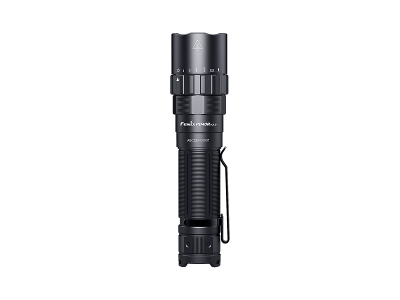 Introducing the Fenix PD40R V3.0, a powerful LED flashlight featuring a knurled grip and adjustable focus, delivering an impressive 3000 lumens for exceptional brightness in a sleek black design.