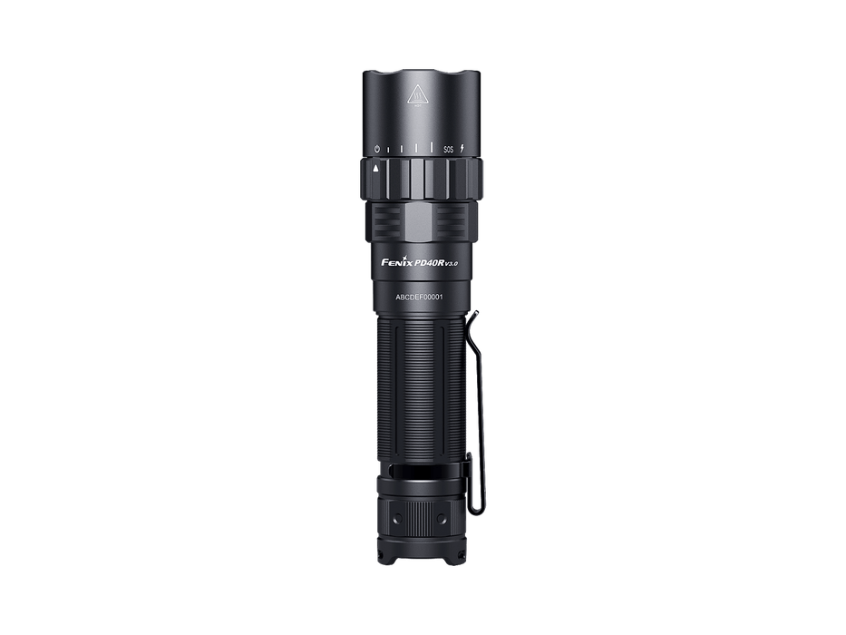 Introducing the Fenix PD40R V3.0, a powerful LED flashlight featuring a knurled grip and adjustable focus, delivering an impressive 3000 lumens for exceptional brightness in a sleek black design.