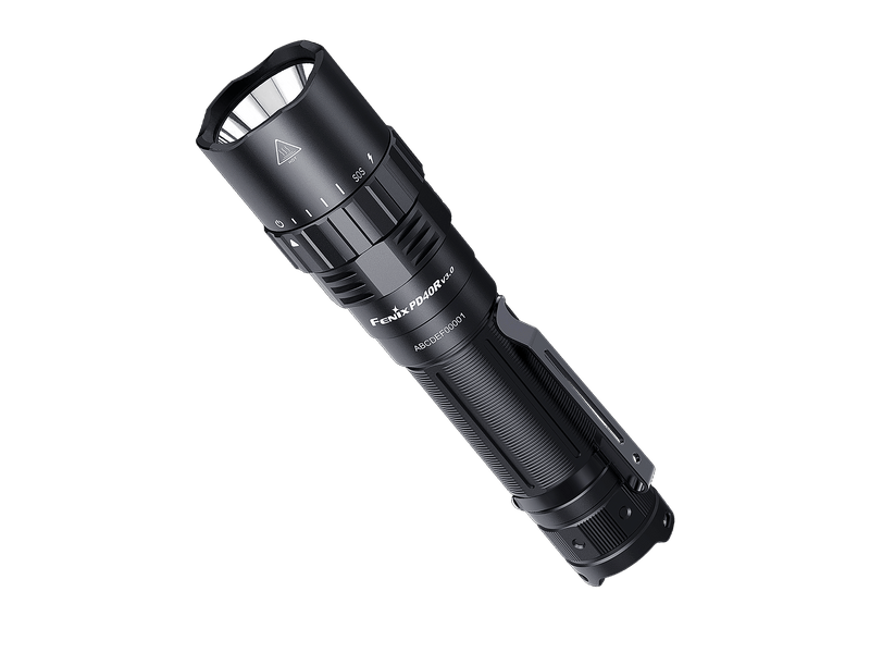 A black flashlight with a textured grip, labeled "Fenix PD40R V3.0," features a super bright LED that boasts 3000 lumens. This rechargeable flashlight is shown against a black background.