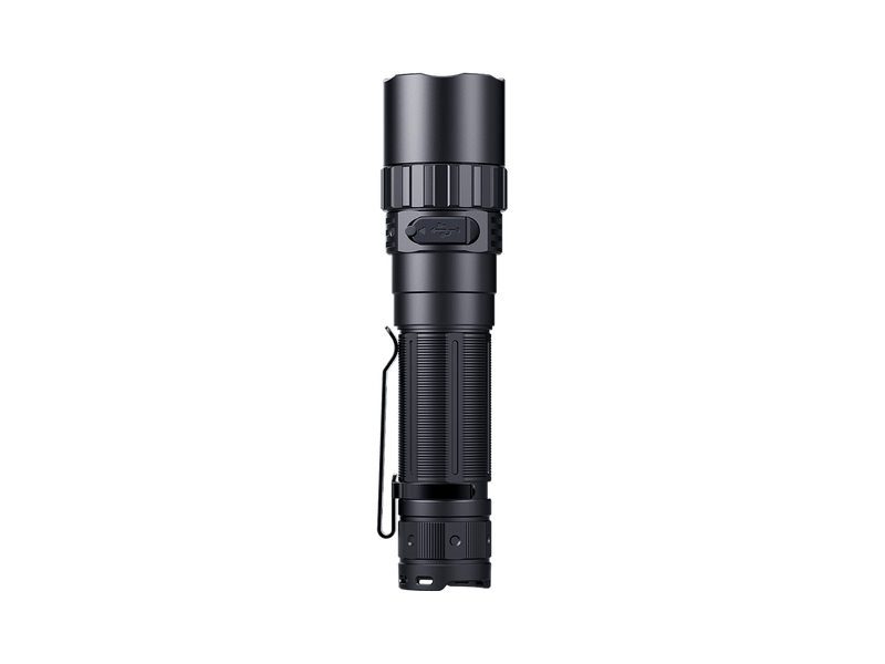 The Fenix PD40R V3.0, a black tactical flashlight with 3000 lumens, a textured grip, and a pocket clip, is displayed vertically against a black background.