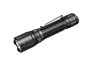 The Fenix TK20R V2.0 is a black tactical flashlight that boasts 3000 lumens and features a textured grip, pocket clip, and side power button. It includes USB Type-C charging and is set against a solid black background, ensuring both power and convenience in your hand.