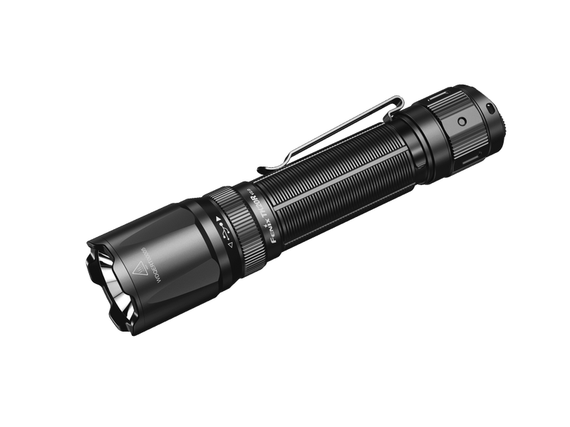 The Fenix TK20R V2.0 is a black tactical flashlight that boasts 3000 lumens and features a textured grip, pocket clip, and side power button. It includes USB Type-C charging and is set against a solid black background, ensuring both power and convenience in your hand.
