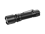The Fenix TK20R V2.0 is a black tactical flashlight featuring a side button and textured grip, delivering 3000 lumens for powerful illumination against a black background. It comes with a rechargeable battery, ensuring both robustness and efficiency.