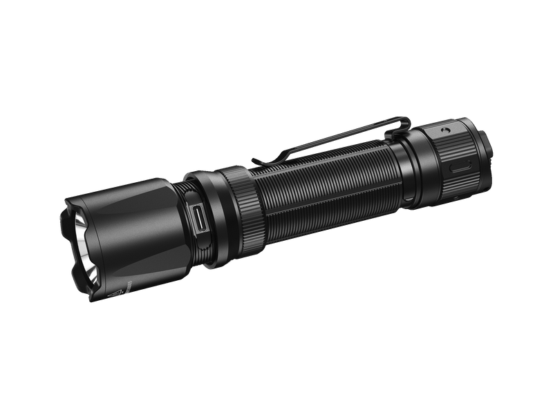 The Fenix TK20R V2.0 is a black tactical flashlight featuring a side button and textured grip, delivering 3000 lumens for powerful illumination against a black background. It comes with a rechargeable battery, ensuring both robustness and efficiency.