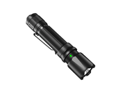 The Fenix TK20R V2.0, a black tactical flashlight with a textured grip and side button, emitting 3000 lumens, is displayed on a black surface. It includes a green light indicator near the lens and provides convenient USB Type-C charging.