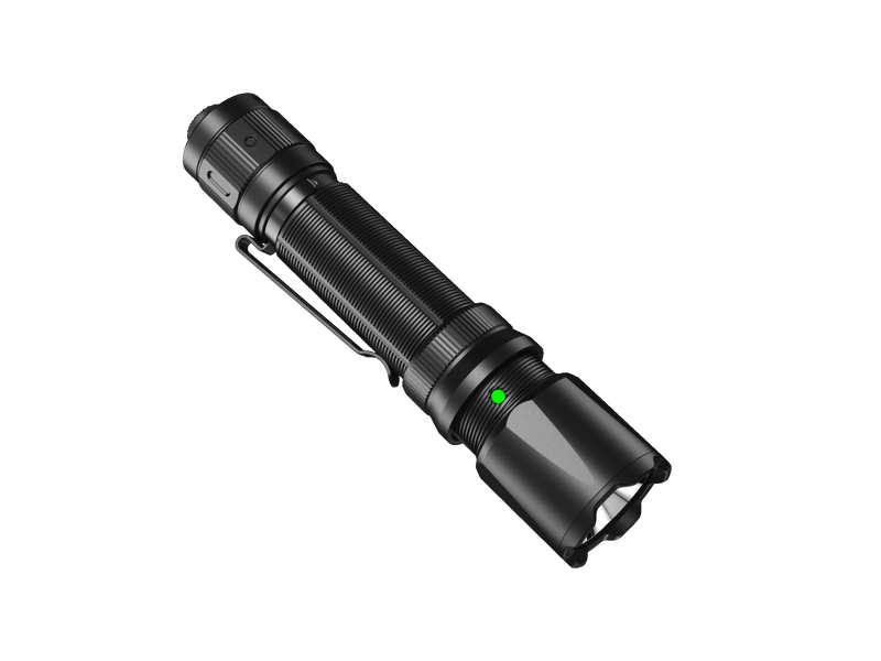 The Fenix TK20R V2.0, a black tactical flashlight with a textured grip and side button, emitting 3000 lumens, is displayed on a black surface. It includes a green light indicator near the lens and provides convenient USB Type-C charging.
