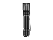 The Fenix TK20R V2.0 is a black tactical flashlight featuring a textured grip, a pocket clip, and USB Type-C charging capabilities, all showcased against a sleek black background.