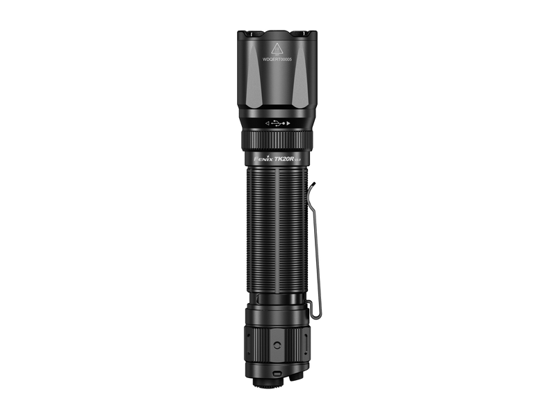 The Fenix TK20R V2.0 is a black tactical flashlight featuring a textured grip, a pocket clip, and USB Type-C charging capabilities, all showcased against a sleek black background.