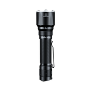 The Fenix TK22R is a black cylindrical flashlight featuring a textured grip, delivering 3200 Lumens and equipped with USB-C charging, displayed upright against a white background.