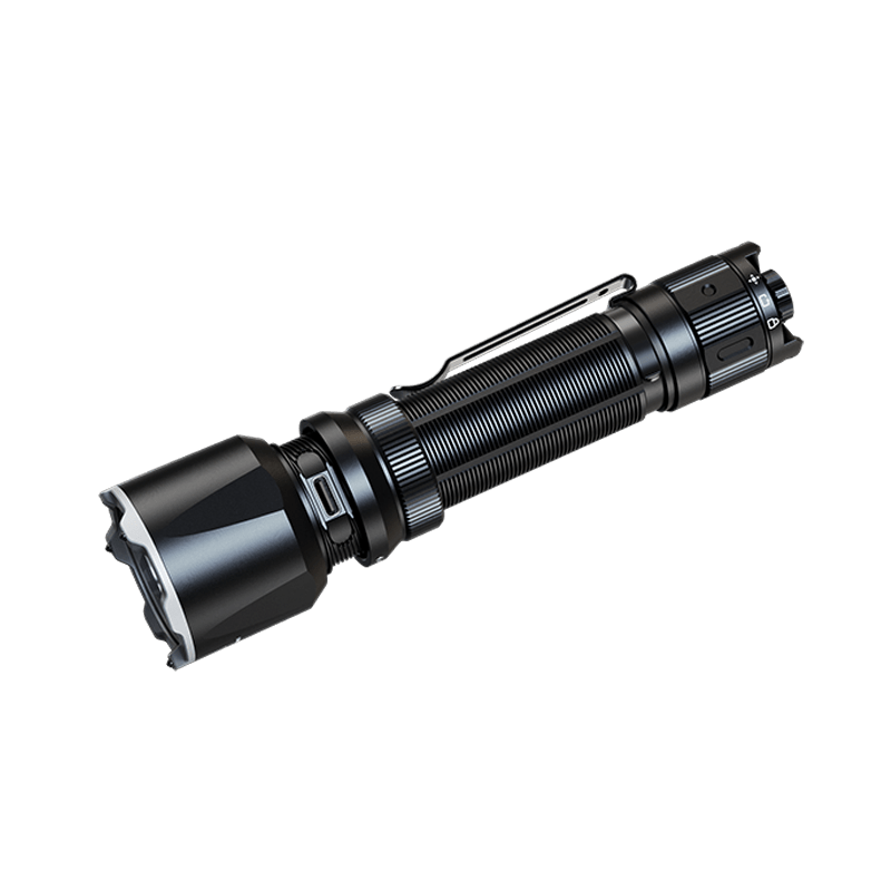 The Fenix TK22R, with its 3200-lumen output and convenient USB-C charging, showcases a black textured grip along with several adjustable settings, all set against a white background.