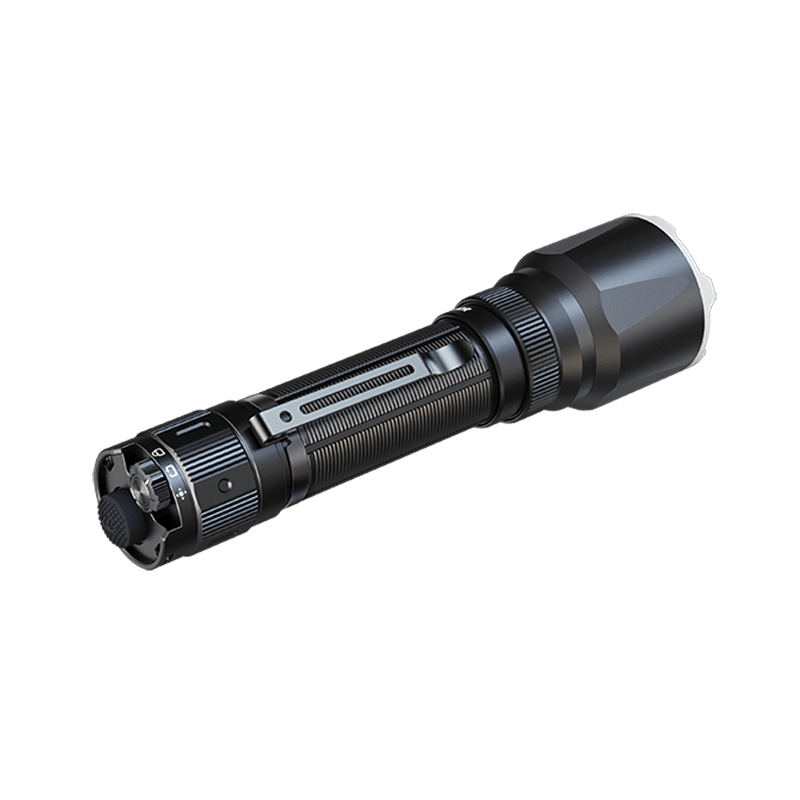 The Fenix TK22R boasts a textured grip and a large lens, delivering an exceptional 3200 lumens. With USB-C charging, this black tactical flashlight is built for both performance and convenience.