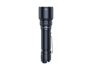 The Fenix WF26R is a black flashlight with a textured grip, offering 3000 lumens of brightness. It comes equipped with a clip and prominently displays the Fenix brand on its body, along with the convenience of a charging cradle.