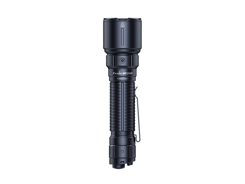 The Fenix WF26R is a black flashlight with a textured grip, offering 3000 lumens of brightness. It comes equipped with a clip and prominently displays the Fenix brand on its body, along with the convenience of a charging cradle.