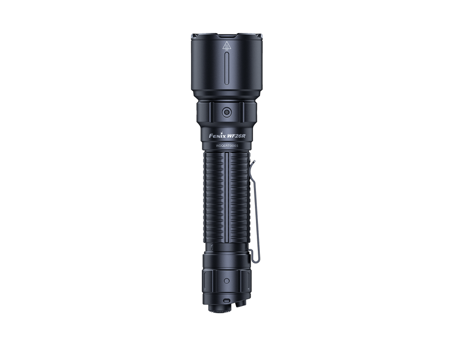 The Fenix WF26R is a black flashlight with a textured grip, offering 3000 lumens of brightness. It comes equipped with a clip and prominently displays the Fenix brand on its body, along with the convenience of a charging cradle.