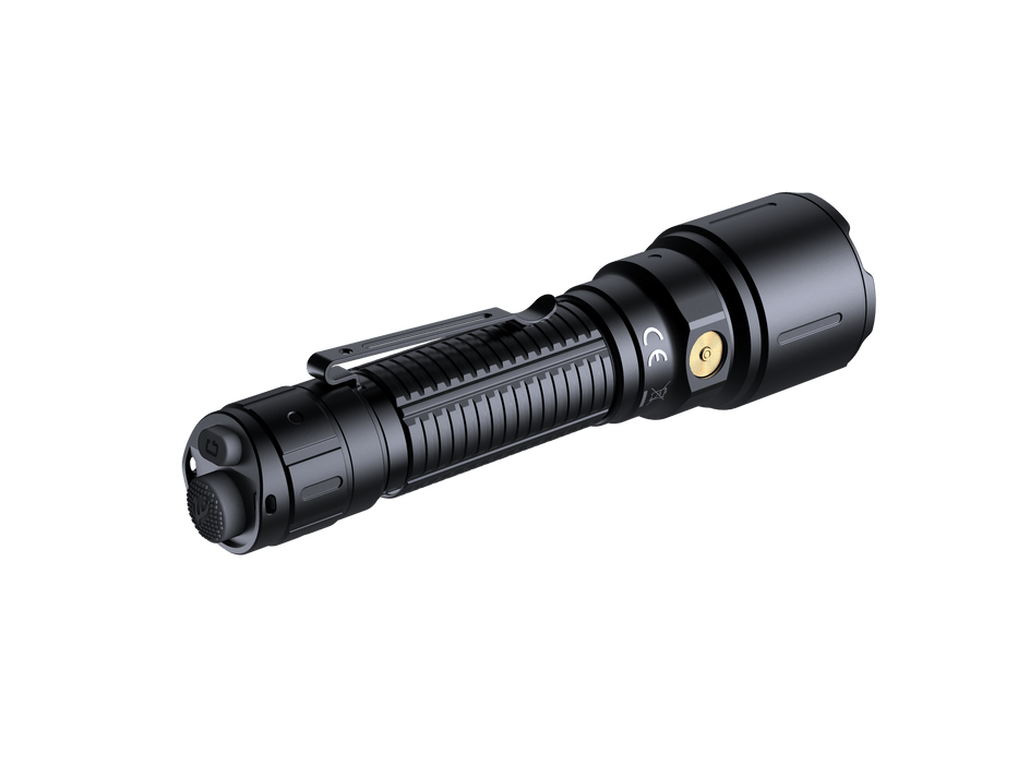 The Fenix WF26R, a black tactical flashlight producing 3000 lumens, features a textured grip and an end button, elegantly displayed on a black background.
