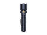 The Fenix WF26R, a black tactical flashlight, boasts 3000 lumens and features a textured grip, side button, and pocket clip. It's displayed against a black background.