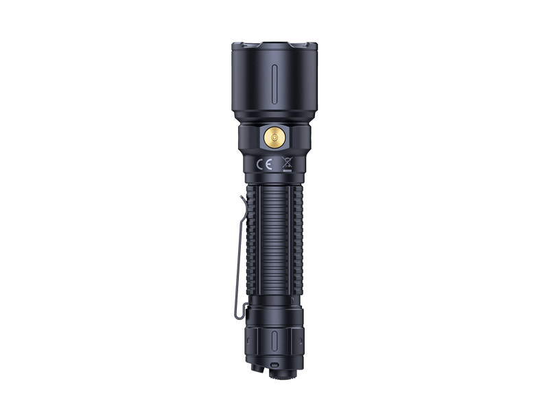 The Fenix WF26R, a black tactical flashlight, boasts 3000 lumens and features a textured grip, side button, and pocket clip. It's displayed against a black background.