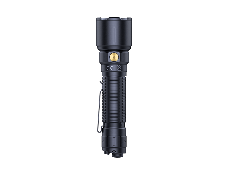 The Fenix WF26R, a black tactical flashlight, boasts 3000 lumens and features a textured grip, side button, and pocket clip. It's displayed against a black background.