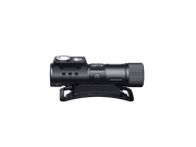 The Fenix HM71R is a high-performance black flashlight with a cylindrical body and dual light elements on its head, mounted on a base, emitting an impressive 2700 lumens, shown against a black background.